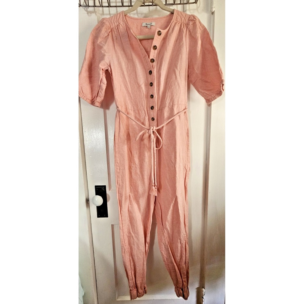 Madewell Linen cotton puff elbow sleeve tassel tie button up Jumpsuit pink XXS - Picture 1 of 11